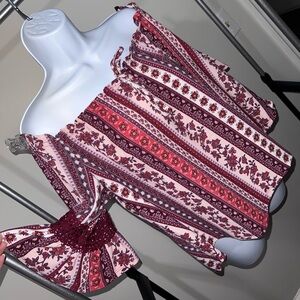 Boho Off-Shoulder Top with Floral Stripes